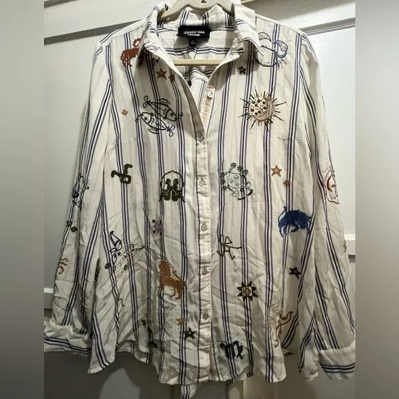 Johnny Was ARIANA BUTTON BACK striped silk shirt with zodiac embroidery size sm - Picture 2 of 16